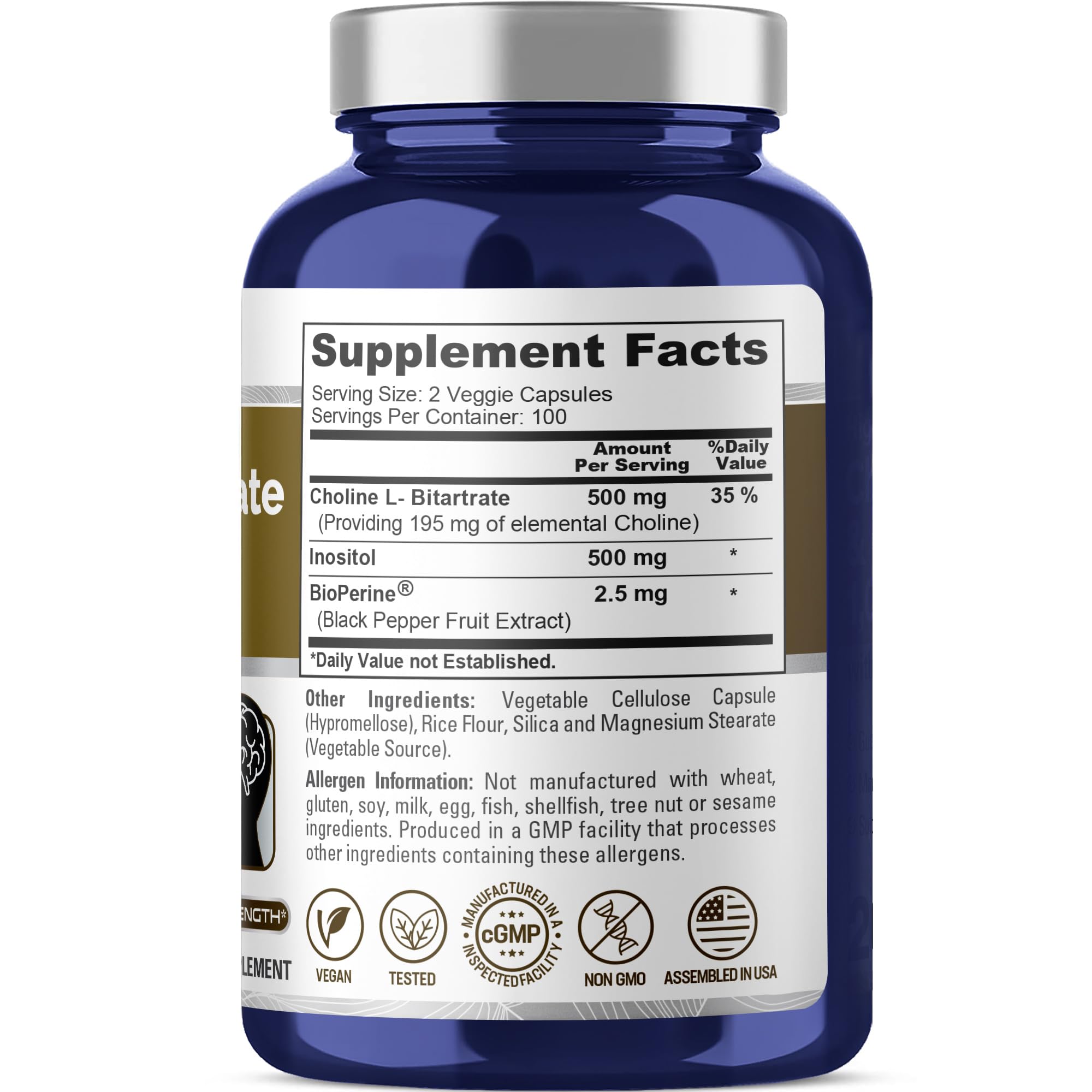 NusaPure Choline & Inositol - Suitable for Vegetarian/Vegan, Non - GMO - 1000mg - 200 Veggie Capsules