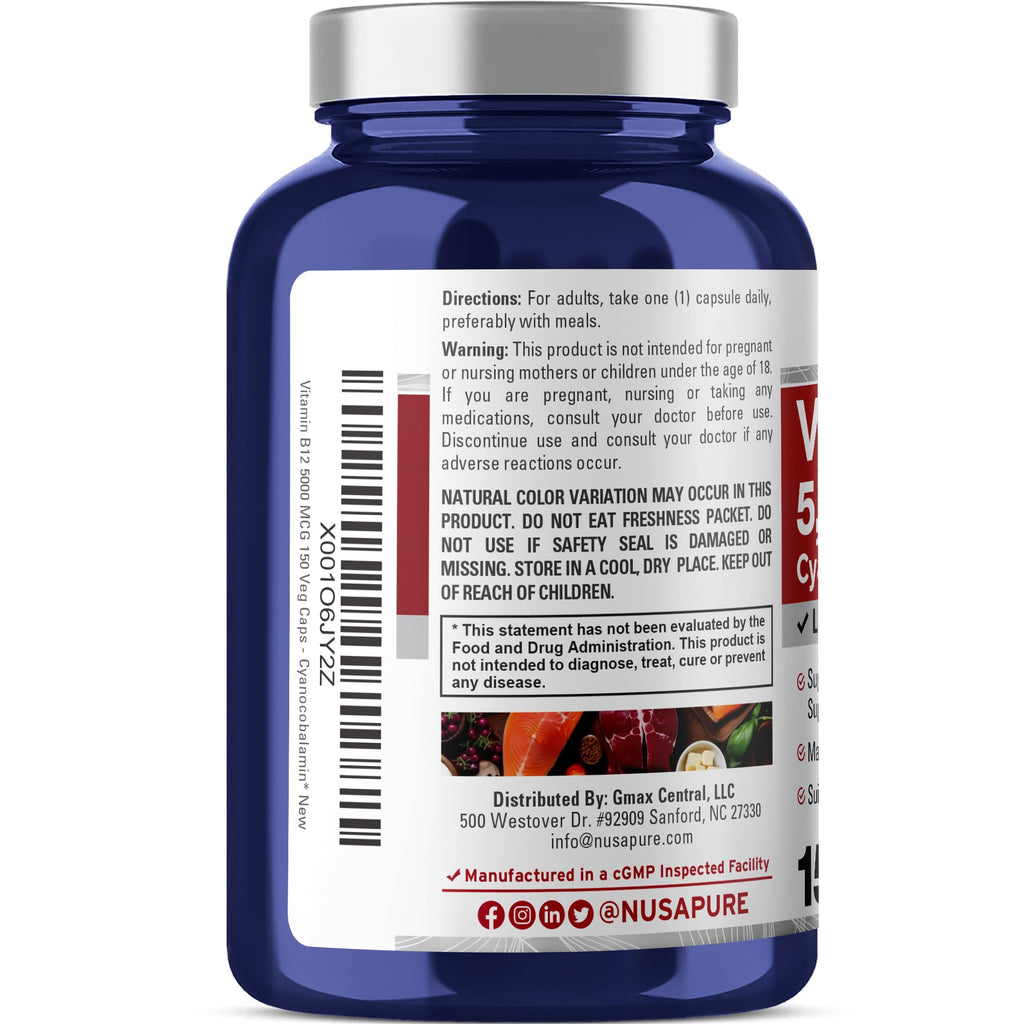 NusaPure Vitamin B12-5000 MCG 150 Veggie Capsules (Non-GMO, Vegan) - Max Strength Vitamin B12