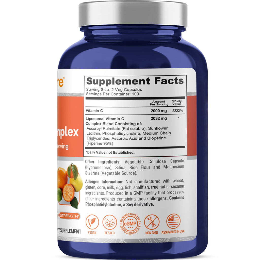 NusaPure Liposomal Vitamin C 2032mg - 200 Veggie Vegan Capsules, BioPerine - High Absorption Ascorbic Acid