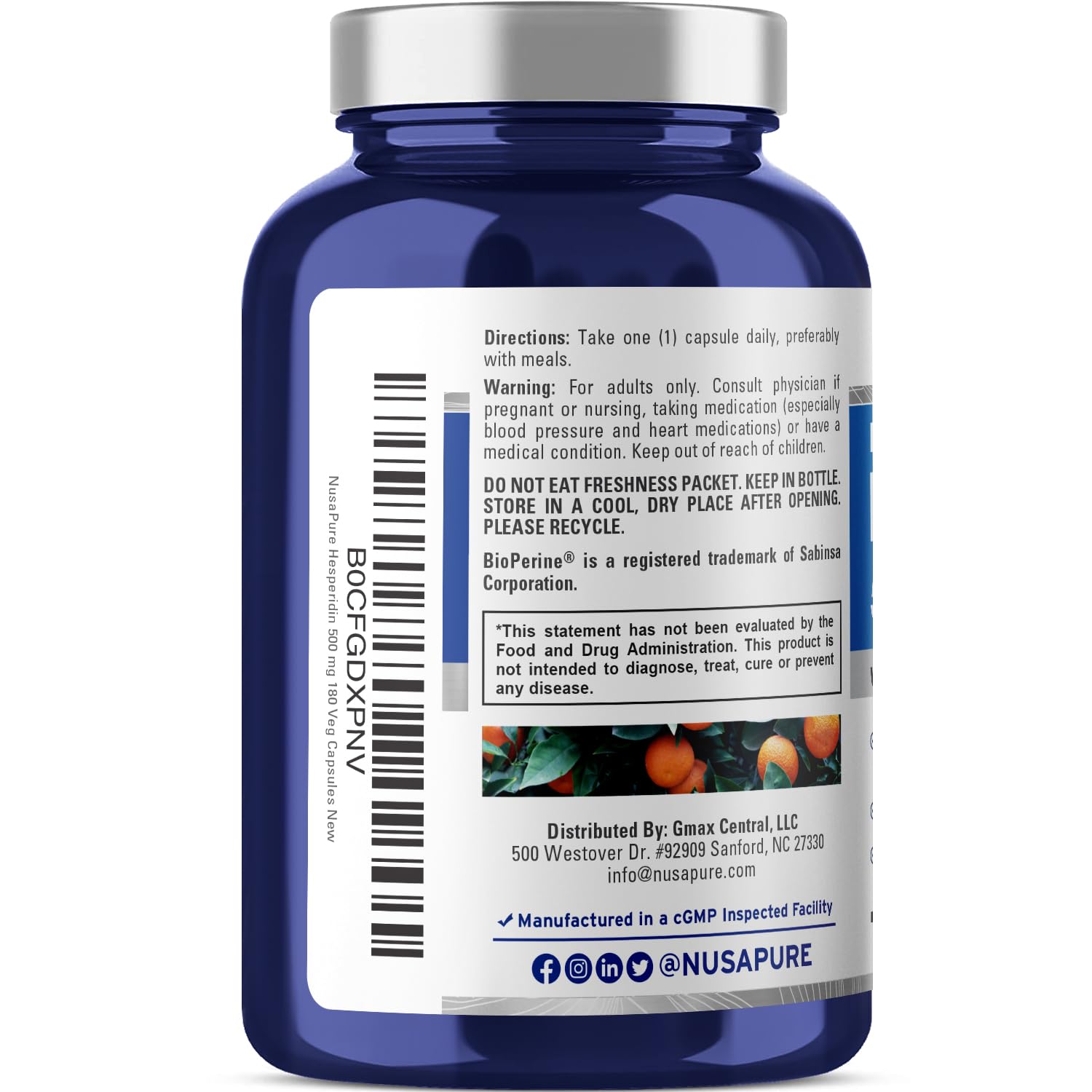 NusaPure Hesperidin 500 mg per Veggie Caps - 180 Capsules (BioPerine, High Absorption, Non-GMO)