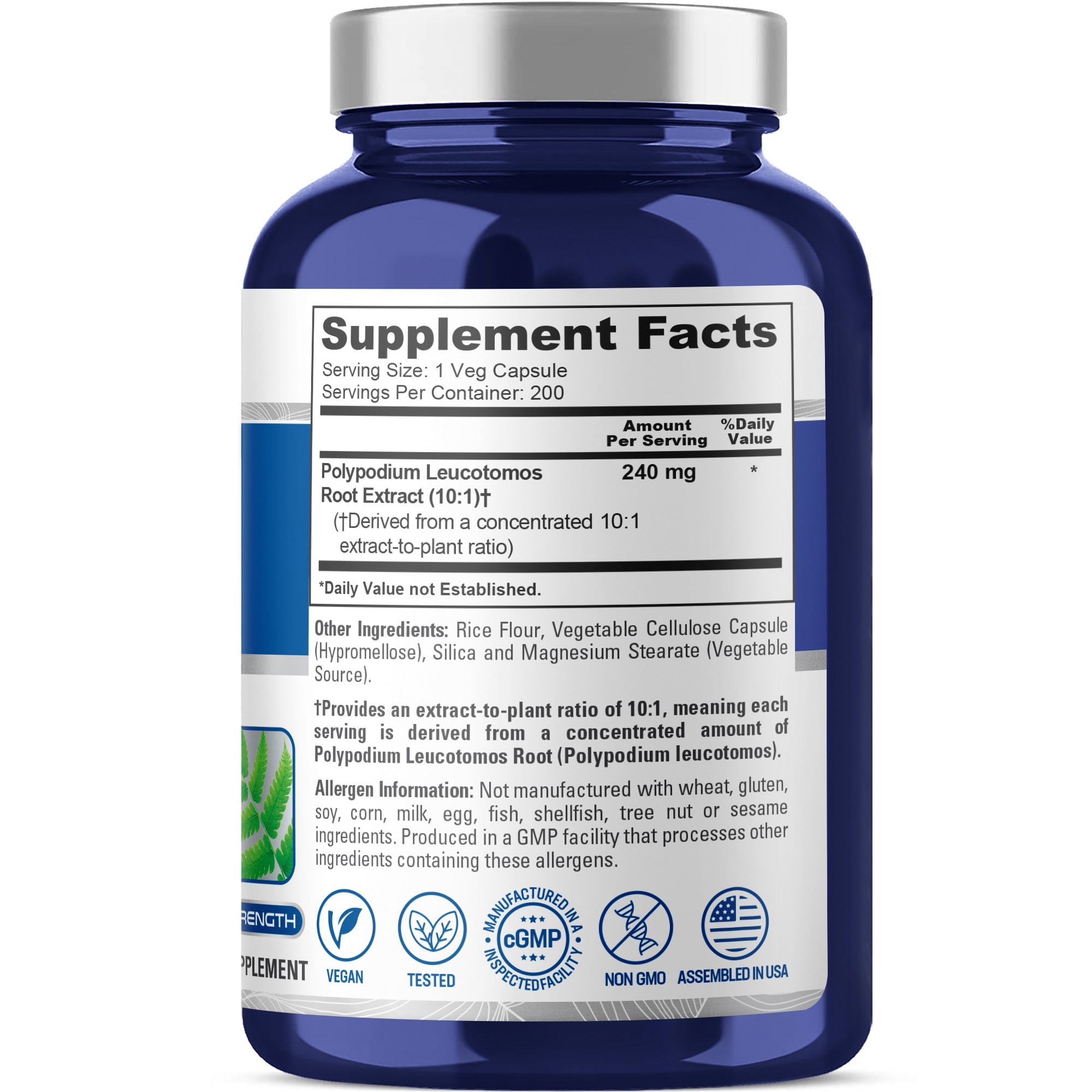 NusaPure Polypodium Leucotomos 10:1 Extract, 240 mg 200 Veggie Capsules (Vegetarian, Non-GMO, Vegan)