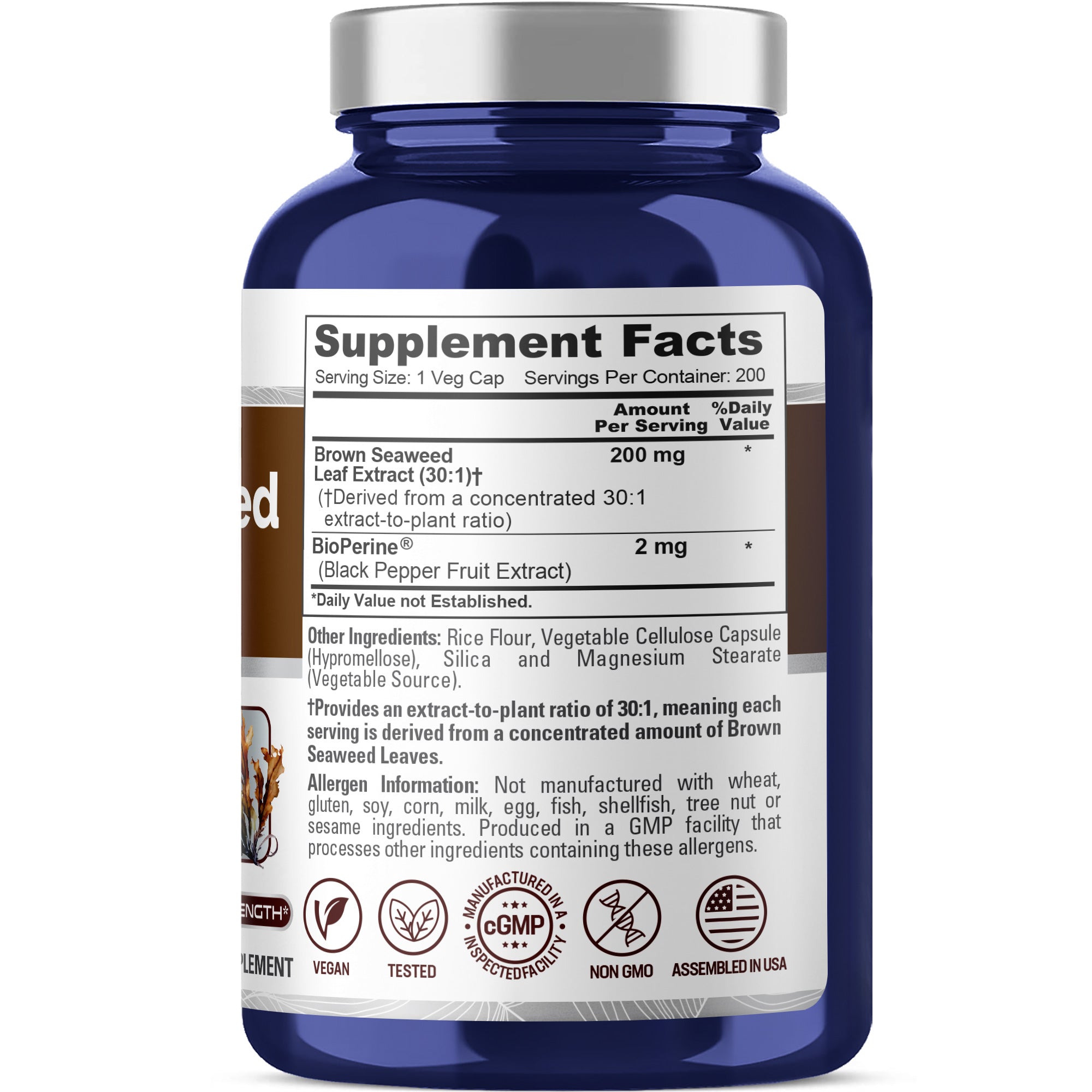 NusaPure Brown Seaweed 30:1 Extract, 200 mg 200 Veggie Capsules - (Vegan, Non-GMO Bioperine)