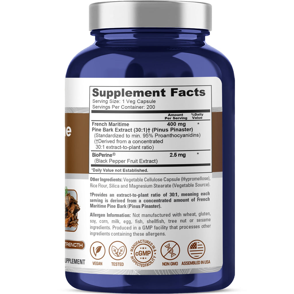 NusaPure French Maritime Pine Bark 30:1 Extract, 400 mg Per Veggie Caps 200-Day Supply, Bioperine (Non-GMO & Vegan)