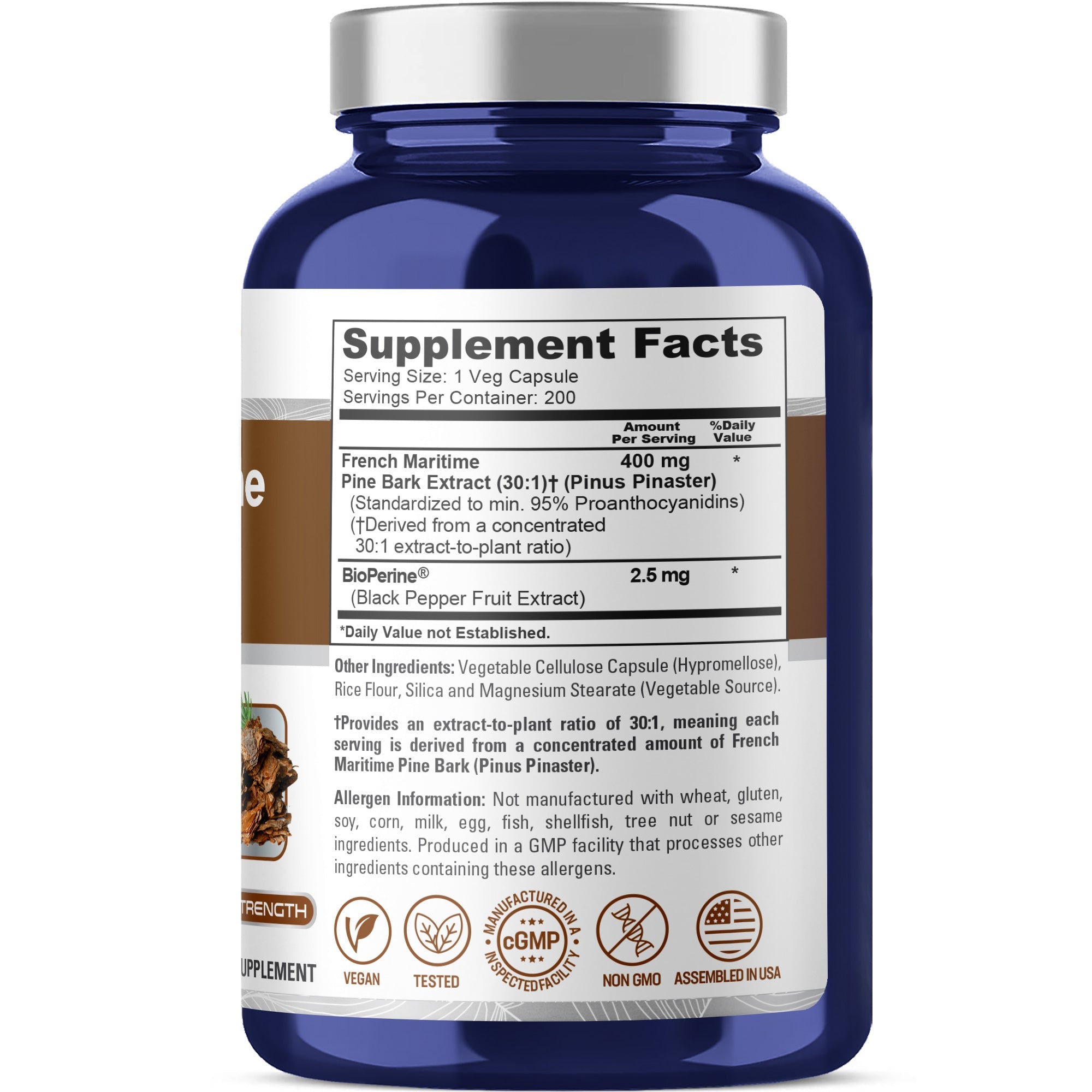 NusaPure French Maritime Pine Bark 30:1 Extract, 400 mg Per Veggie Caps 200-Day Supply, Bioperine (Non-GMO & Vegan)