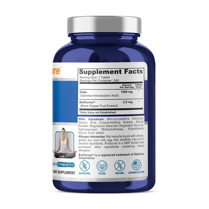 NusaPure GABA - Suitable for Vegetarian/Vegan, Non- GMO - 1000 mg - 240 Tablets