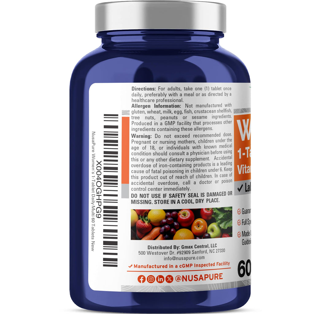 NusaPure Women's Multi Vitamins & Minerals, Lab Tested 60 Tablets Non-GMO Dietary Supplement