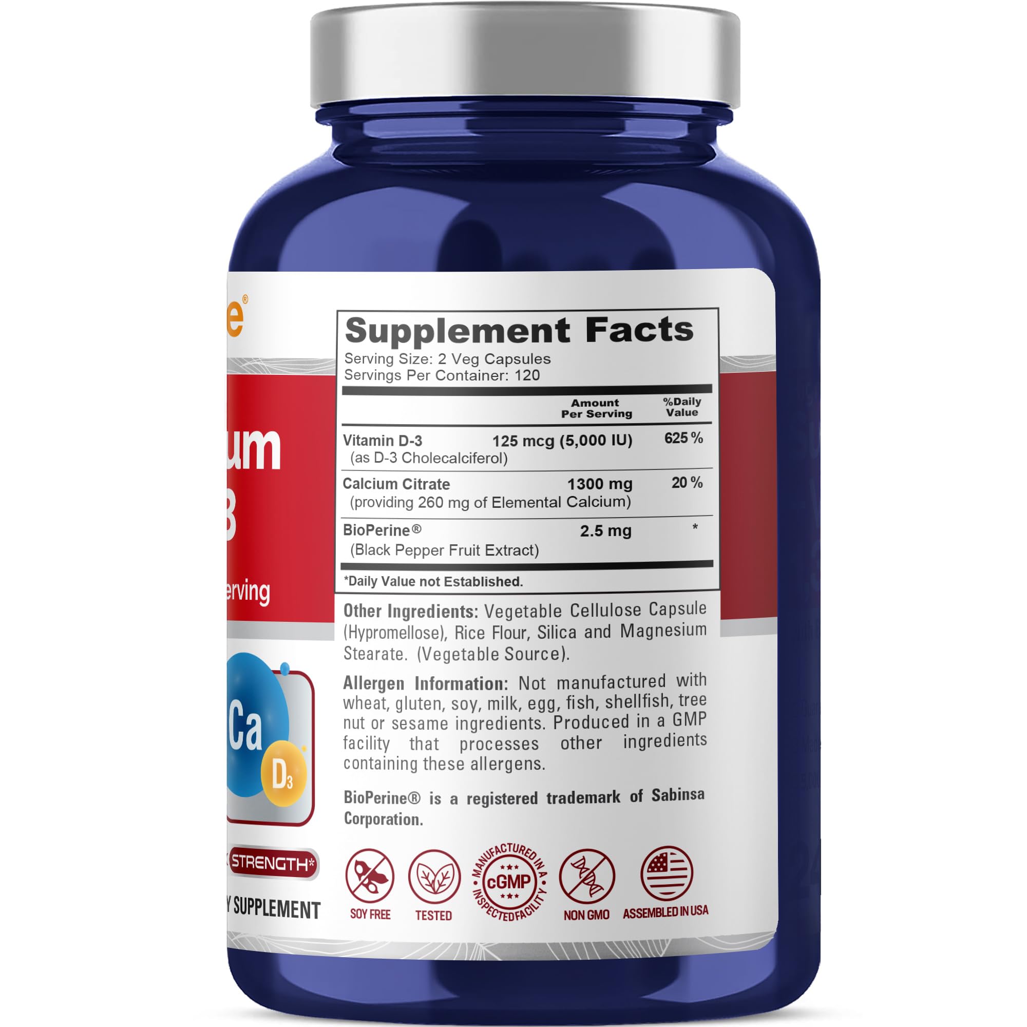 NusaPure Super Calcium with Vitamin D 3 & Calcium Citrate - Suitable for Vegetarian/Vegan, Non - GMO - 1300mg - 240 Capsules